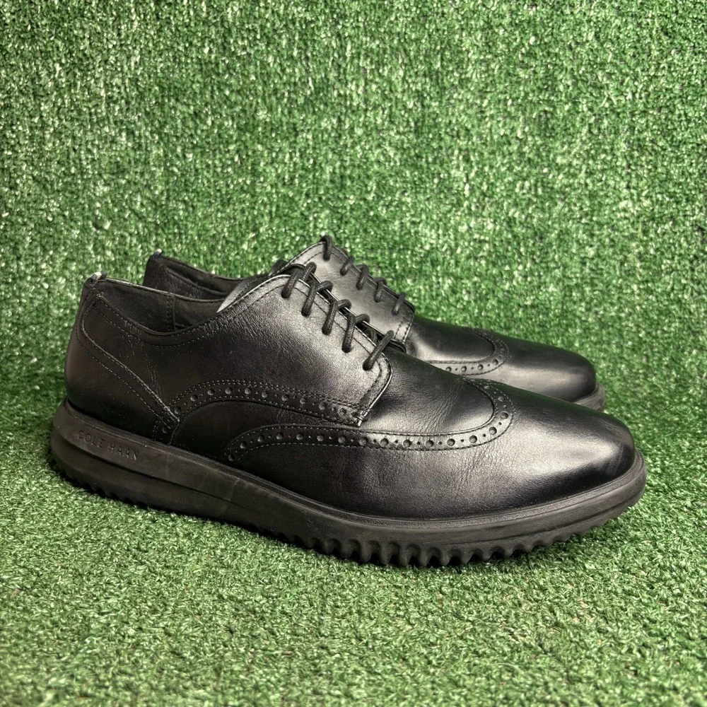 Cole Haan Grand+ Wingtip Brogue Leather Oxford Shoes Black Mens Size 10.5 Wide